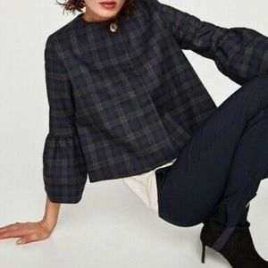 Zara Plaid Bell Sleeve Jacket | Size:s Color: Navy Blue & Grey